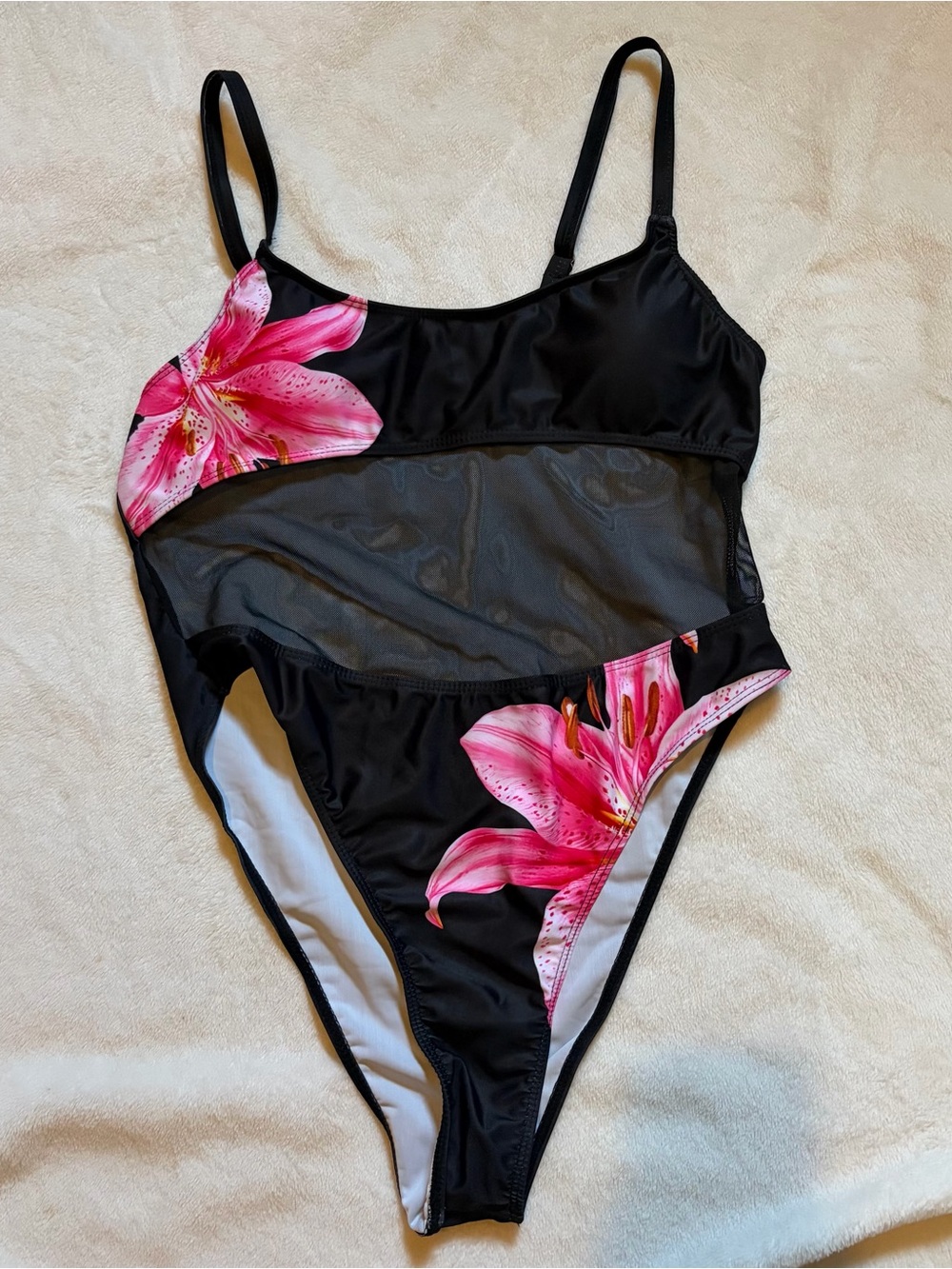 FASHION NOVA Black One-Piece Swimsuit with Pink Floral MESH SEXY BRAND NEW